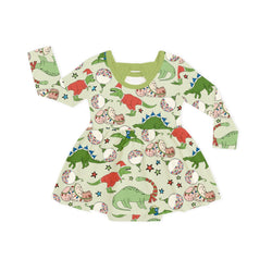 Christmas Cartoon Dinosaur Long Sleeve Twirl Dress With Bodysuit