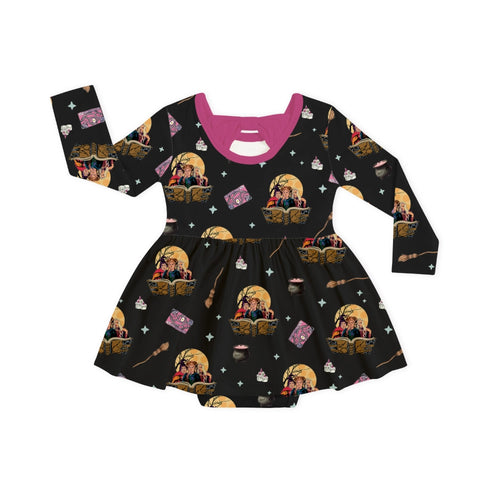 Halloween Witch Sisters Magic Book Long Sleeve Twirl Dress With Bodysuit