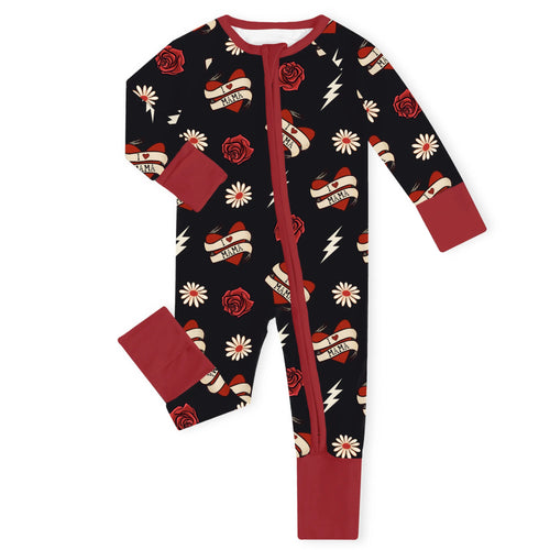 I Love Mama Vintage Tattoo Bamboo Zipper Romper Pajamas