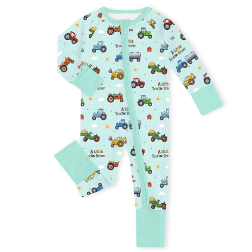 Little Tractor Driver Bamboo Zipper Romper Pajamas