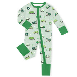 Green Recycling Trucks Bamboo Zipper Romper Pajamas