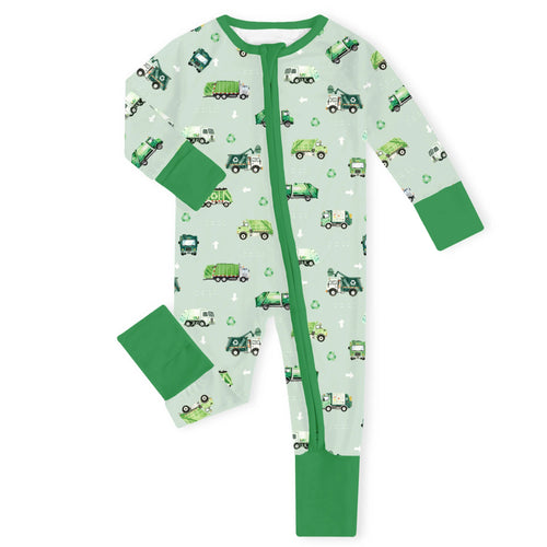 Green Recycling Trucks Bamboo Zipper Romper Pajamas