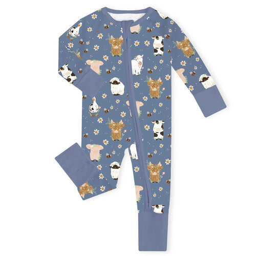 Dusty Blue Farmyard Friends Bamboo Zipper Romper Pajamas