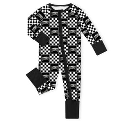 Mama's Boy Checkered Black Bamboo Zipper Romper Pajamas