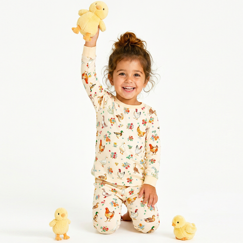 Farm Duck and Chicken in Wildflower Floral Kids Bamboo Two-Piece Pajama Set