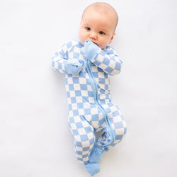 Bamboo Newborn Zippered Bodysuit with Blue Checkerboard Design