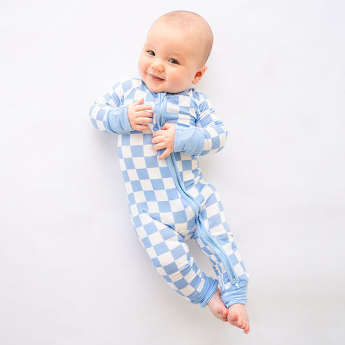 Bamboo Newborn Zippered Bodysuit with Blue Checkerboard Design