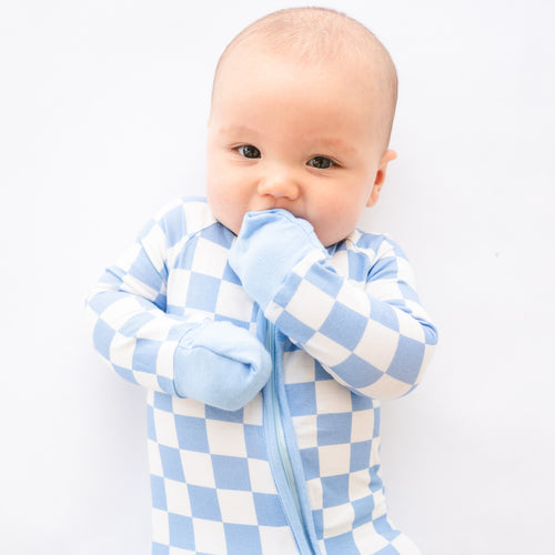 Bamboo Newborn Zippered Bodysuit with Blue Checkerboard Design