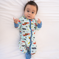 Car Champs on Ice Blue Baby Bamboo Zipper Romper Pajamas