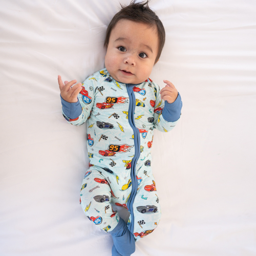 Car Champs on Ice Blue Baby Bamboo Zipper Romper Pajamas