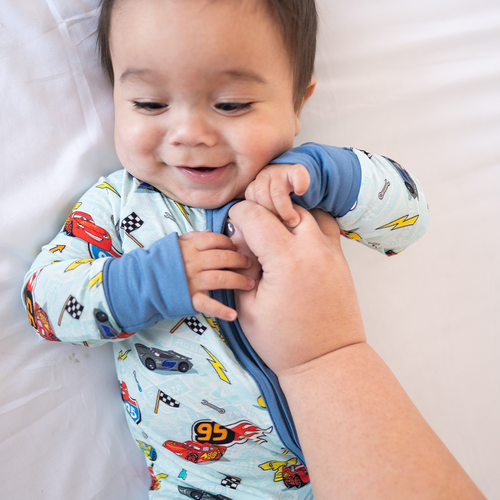 Car Champs on Ice Blue Baby Bamboo Zipper Romper Pajamas