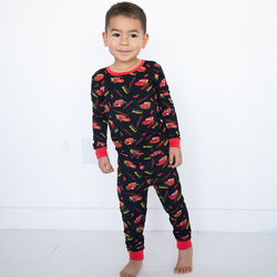 Zooming Red Lightning Car Kids Bamboo Two-Piece Pajama Set