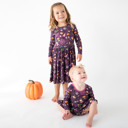 Halloween Witch Sisters Smell Children Long Sleeve Twirl Dress With Bodysuit