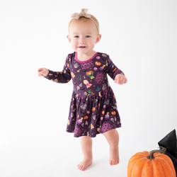 Halloween Witch Sisters Smell Children Long Sleeve Twirl Dress With Bodysuit