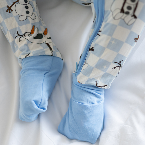 Christmas Big Face Snowman Blue Checkered Baby Bamboo Zipper Romper Pajamas
