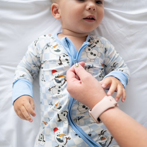 Christmas Big Face Snowman Blue Checkered Baby Bamboo Zipper Romper Pajamas