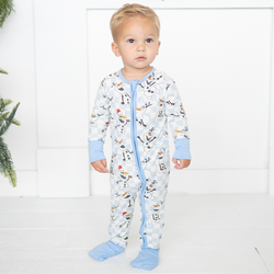 Christmas Big Face Snowman Blue Checkered Baby Bamboo Zipper Romper Pajamas