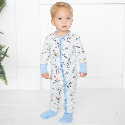Christmas Big Face Snowman Blue Checkered Baby Bamboo Zipper Romper Pajamas