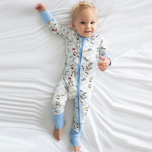 Christmas Big Face Snowman Blue Checkered Baby Bamboo Zipper Romper Pajamas