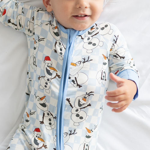 Christmas Big Face Snowman Blue Checkered Baby Bamboo Zipper Romper Pajamas