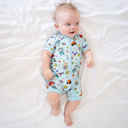 Naughty Diaper Family Dinosaur Baby Bamboo Short Zipper Romper Pajamas