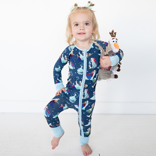 Winter Snowflake Sisters and Friends Blue Baby Bamboo Zipper Romper Pajamas
