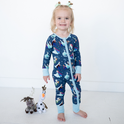 Winter Snowflake Sisters and Friends Blue Baby Bamboo Zipper Romper Pajamas