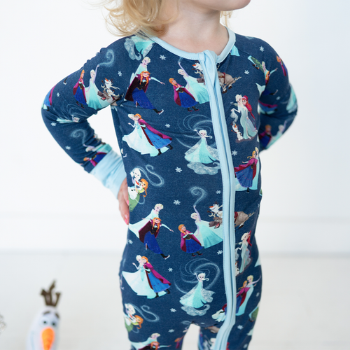 Winter Snowflake Sisters and Friends Blue Baby Bamboo Zipper Romper Pajamas
