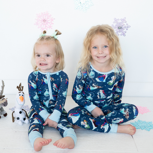 Winter Snowflake Sisters and Friends Blue Kids Bamboo Two-Piece Pajama Set