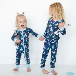 Winter Snowflake Sisters and Friends Blue Kids Bamboo Two-Piece Pajama Set