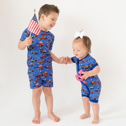 4th of July × Monster Truck Blue Kids Bamboo Short Two-Piece Pajama Set