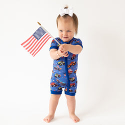 4th of July × Monster Truck Blue Baby Bamboo Short Zipper Romper Pajamas