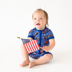 4th of July × Monster Truck Blue Baby Bamboo Short Zipper Romper Pajamas