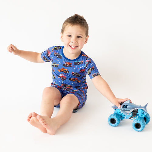 4th of July × Monster Truck Blue Kids Bamboo Short Two-Piece Pajama Set