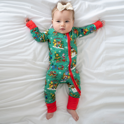 Christmas Bear and Animal Pals on Holly Green Baby Bamboo Zipper Romper Pajamas