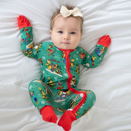 Christmas Bear and Animal Pals on Holly Green Baby Bamboo Zipper Romper Pajamas