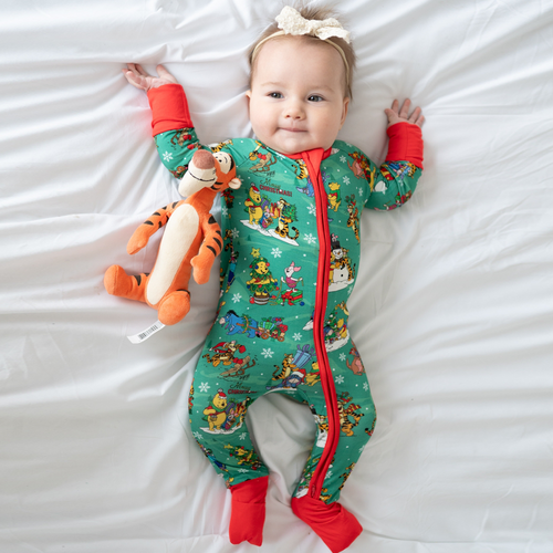 Christmas Bear and Animal Pals on Holly Green Baby Bamboo Zipper Romper Pajamas