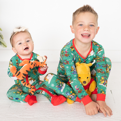 Christmas Bear and Animal Pals on Holly Green Kids Bamboo Two-Piece Pajama Set