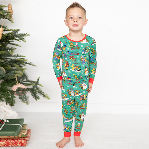 Christmas Bear and Animal Pals on Holly Green Kids Bamboo Two-Piece Pajama Set