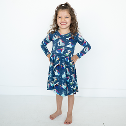 Winter Snowflake Sisters and Friends Blue Kids Bamboo Long Sleeves Dress