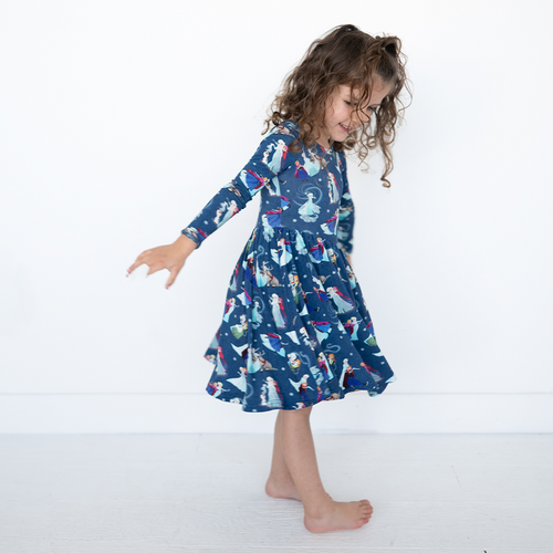 Winter Snowflake Sisters and Friends Blue Kids Bamboo Long Sleeves Dress