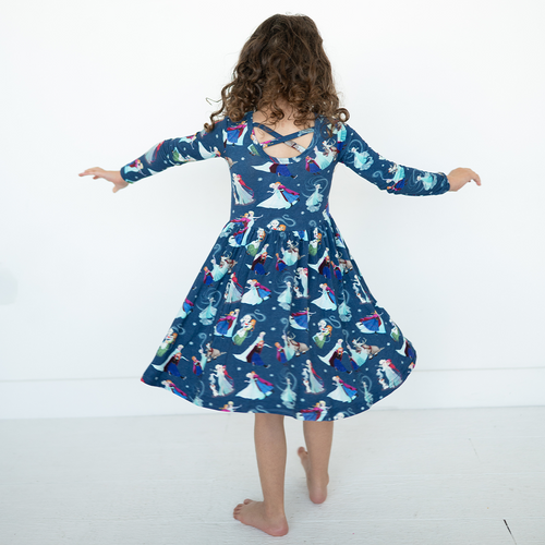 Winter Snowflake Sisters and Friends Blue Kids Bamboo Long Sleeves Dress
