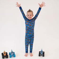 4th of July × Monster Truck Blue Kid Bamboo Two-Piece Pajama Set