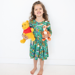 Christmas Bear and Animal Pals on Holly Green Kids Bamboo Long Sleeves Dress