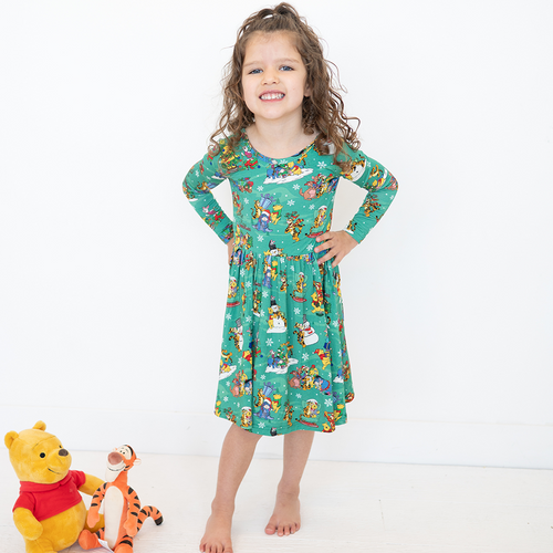 Christmas Bear and Animal Pals on Holly Green Kids Bamboo Long Sleeves Dress