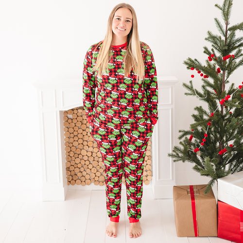 Today’s Deals Christmas Green Face Red Women's Bamboo Pajama 2pcs Set