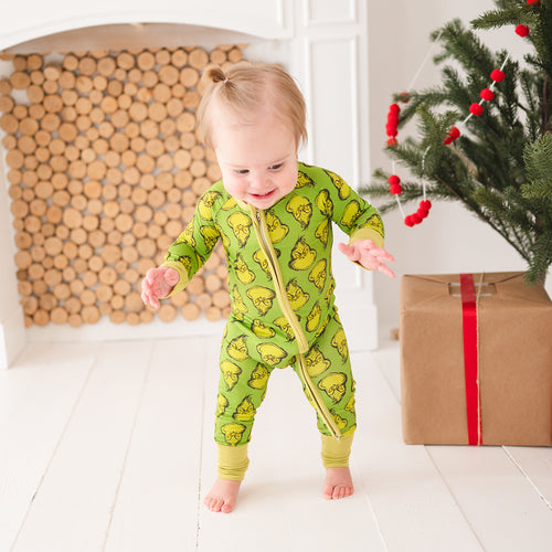 Today's Deals Christmas Green Guy Print Baby Bamboo Zipper Romper