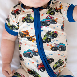 4th of July × Monster Truck Baby Bamboo Short Zipper Romper Pajamas