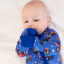 4th of July × Monster Truck Blue Baby Bamboo Zipper Romper Pajamas