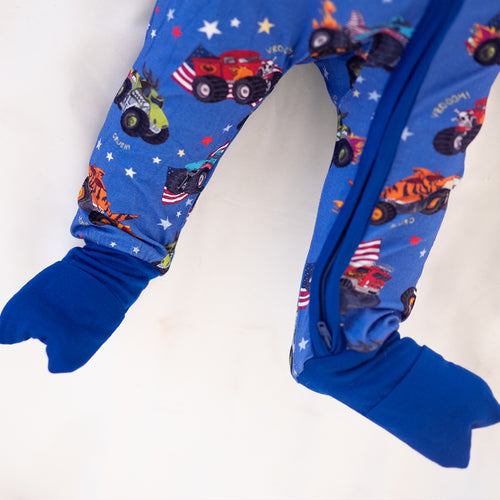 4th of July × Monster Truck Blue Baby Bamboo Zipper Romper Pajamas